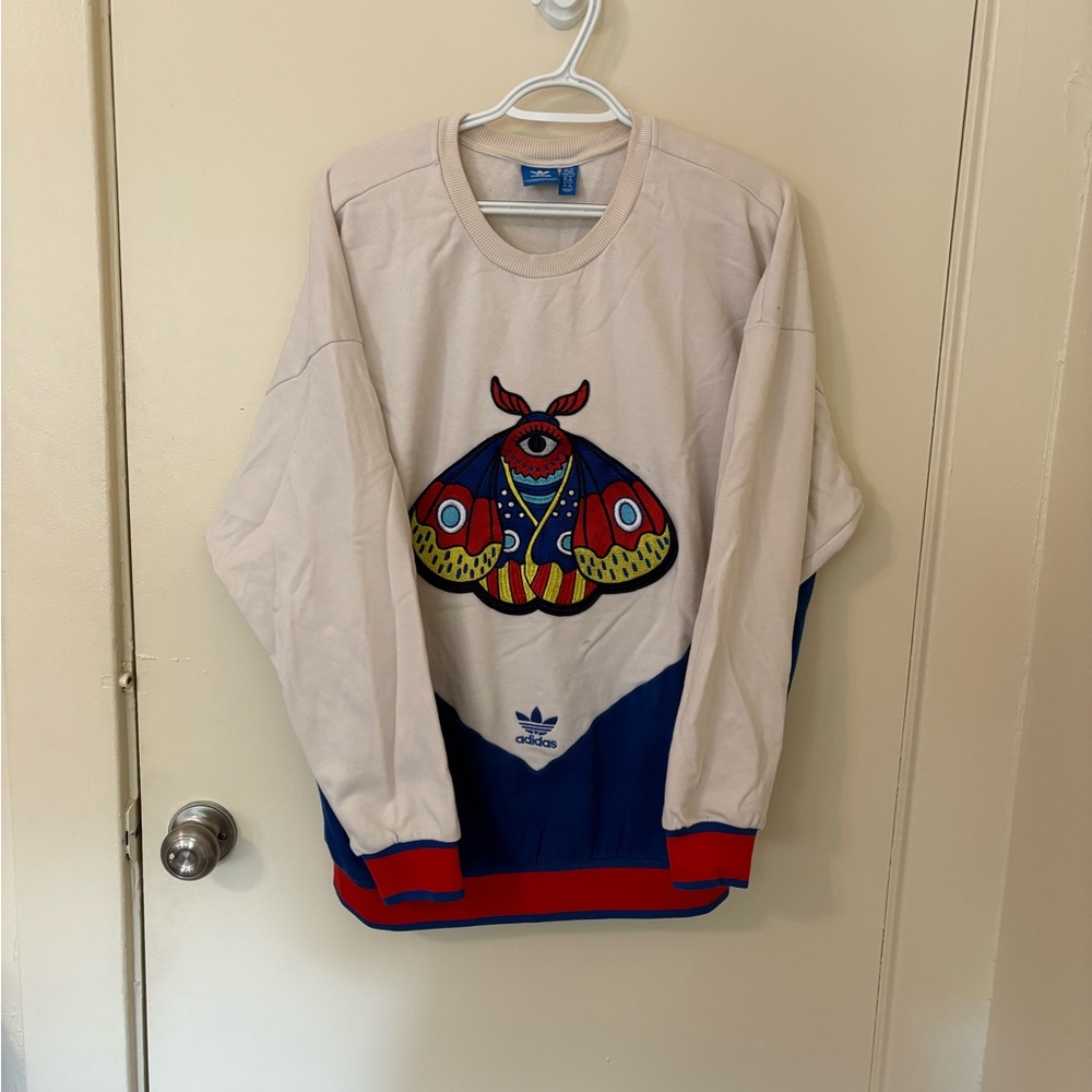 Adidas Beige and Blue Sweatshirt with Moth Graphic
